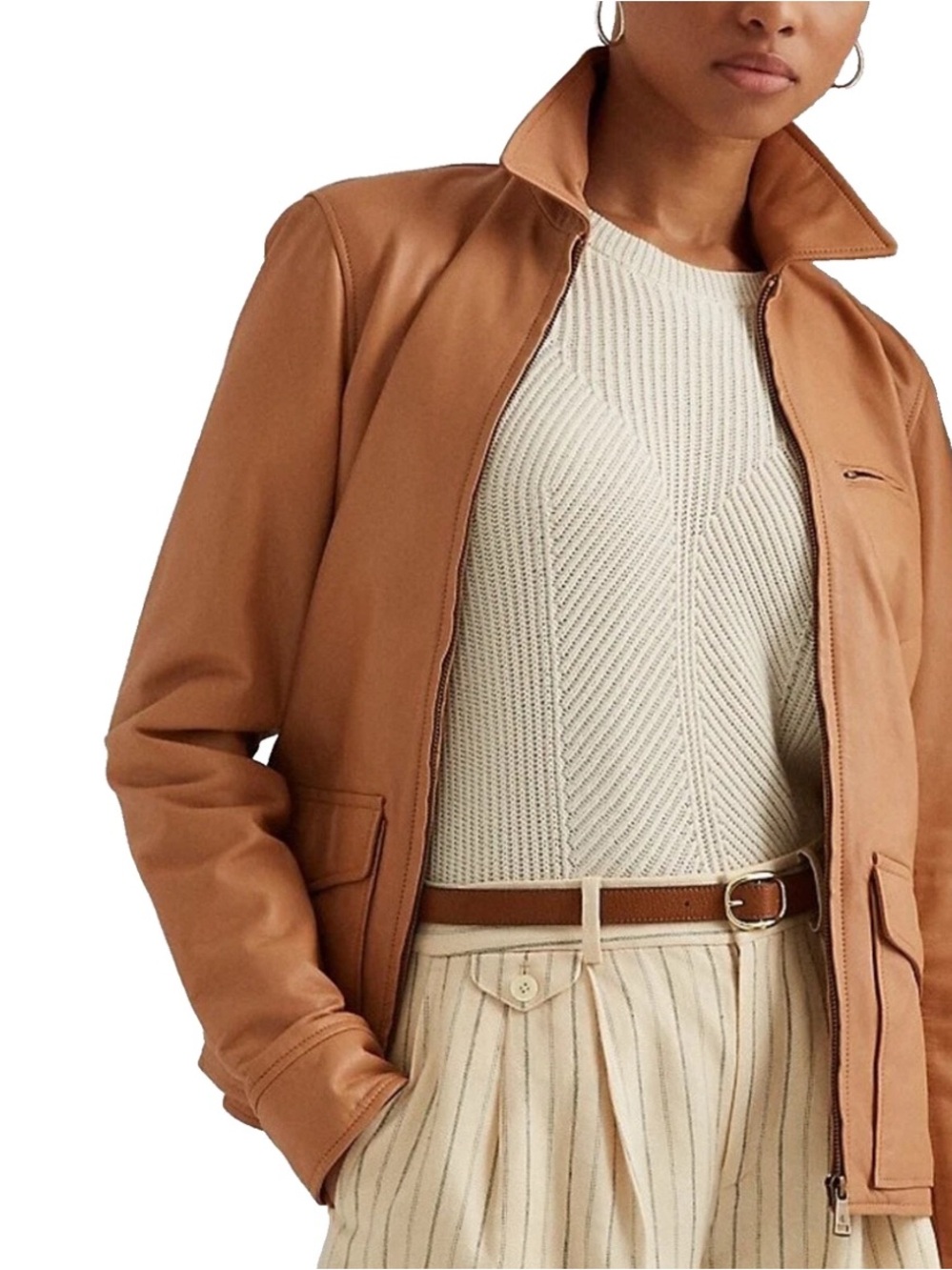 Lauren Ralph Lauren Black Label Camel Leather Zip-Front Jacket size 10